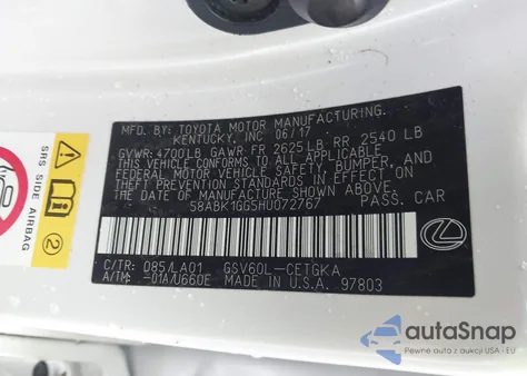2017 Lexus Es 350 from USA, damaged, VIN 58ABK1GG5HU072767